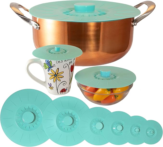 Silicone Lids Extra Large Teal Set of 6 Sturdy Suction Seal Covers. Universal fit for Pots, Fry Pans, Cups, and Bowls 5" to 12". Natural grip handles interlock for easy use and storage. Food Safe.