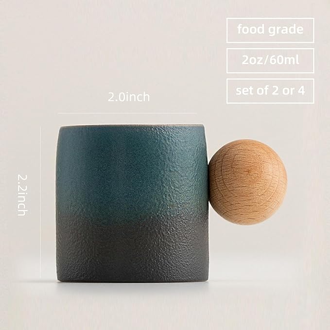 2-Oz Ceramic Espresso Cups with Wood Handle, 2/4-Piece Set for Coffee, Tea, Latte - Dishwasher Safe, Multi-Color & Wood Styles, Gift & Café Use (blue black, Round handle4)