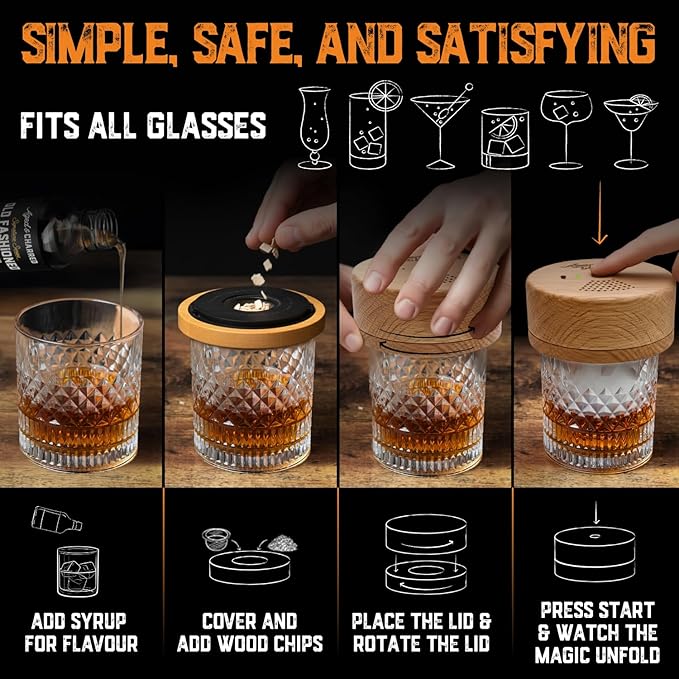 Electric Whiskey Smoker Kit - Whiskey Gifts for Men Dad - Premium Amarena Cherries, Syrup, Orange Dried Slices and 8 Flavors Wood Chips - Old Fashioned Cocktail Smoker kit