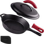 Cuisinel Cast Iron Skillet with Lid - 10"-inch Pre-Seasoned Covered Frying Pan Set + Silicone Handle and Lid Holders + Scraper/Cleaner - Use Indoor/Outdoor, Oven, Stove, BBQ, Fire, Grill Cookware