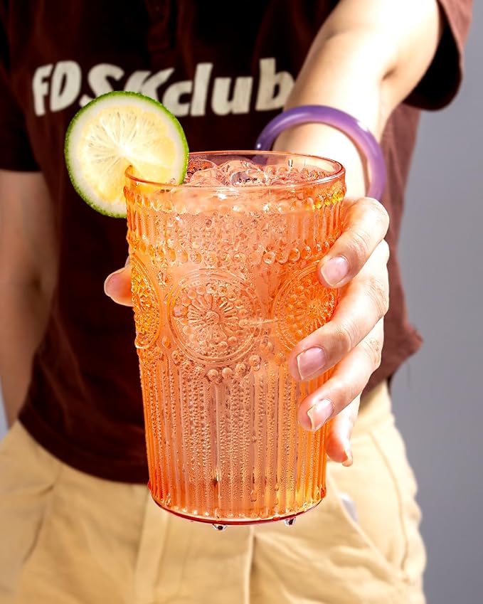 Ciaell 12 Pack Romantic Plastic Water Glasses - 14 Oz Amber Vintage Drinking Glasses, Embossed Ribbed Plastic Cups, Textured Striped Set for Juice, Beverages, Beer, Cocktai & Thanksgiving