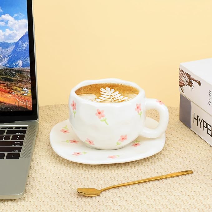 Koythin Ceramic Coffee Mug with Saucer Set, Cute Pink Small Flower Cup Unique for Office and Home, 10 oz/300 ml for Latte Tea Milk