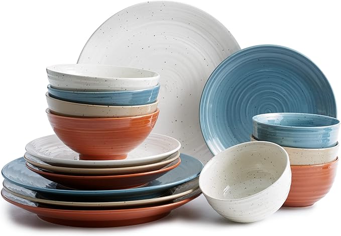 Sango Siterra Painter's Palette 16-Piece Stoneware Dinnerware Set - Service for 4, Ceramic Plates and Bowls Sets, Chip Resistant, Rustic Dishware, Microwave & Dishwasher Safe Kitchen Dishes