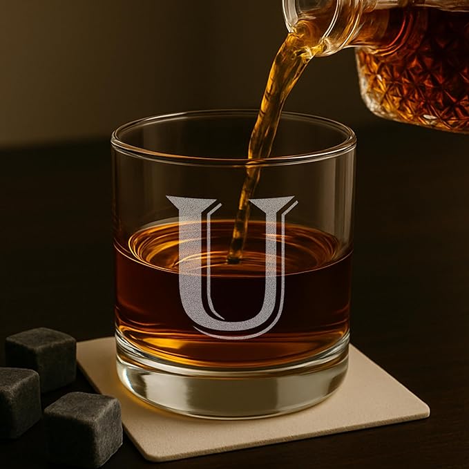 Monogrammed Gifts for Men - 4PC 11 Oz Custom Whiskey Glasses (U-Monogram) - Engraved Whiskey Glasses - Personalized Whiskey Glasses - Unique Bourbon Glasses - Personalized Glass Gifts for Dad