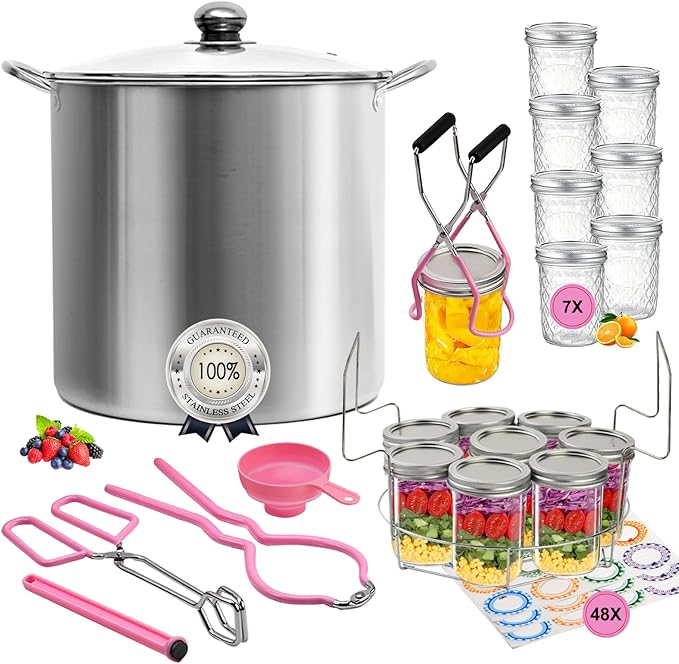 Canning Pot Water Bath Canner with Rack and Lid, 21.5QT Stainless Steel Stock Pot, Canning Supplies Starter Kit with Mason Jars, Tongs, Full Canning Accessories & Canning Tools Set for Beginners