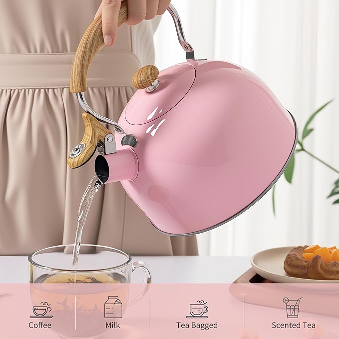 LONFFERY Tea Kettle, 2.5 Quart Whistling Tea Kettle, Tea Pots for Stove Top Food Grade Stainless Steel with Wood Pattern Folding Handle - Pink