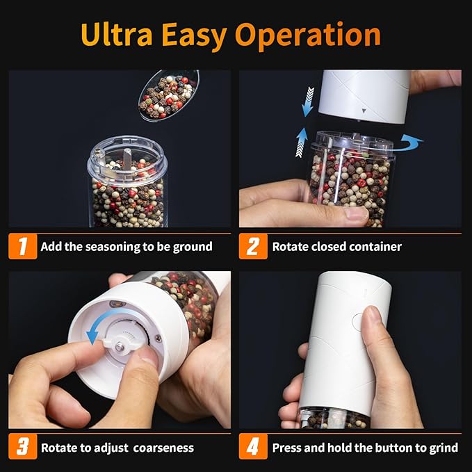 2Pack Electric Salt and Pepper Grinder Set USB Rechargeable with Warm LED Light, Adjustable Coarseness Lidaop Large Capacity Automatic Salt Pepper Mill Grinder for Kitchen, Restaurant, Outdoor, White