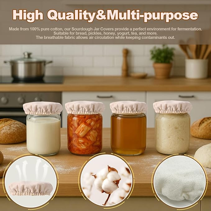Pure Cotton Sourdough Jar Cover, Pack of 5,Breathable & Reusable Dough Proofing Cloth,Suitable for Jars with 3-4 Inch Mouth Lids