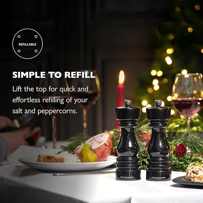 Cole & Mason London Refillable Spice Mill - Kitchen & Home Accessory - Salt & Pepper Grinder Set - Salt Mill with Ceramic Mechanism - Pepper Mill with Carbon Steel Mechanism - 7", Black Gloss