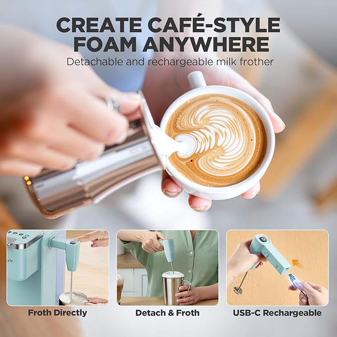 Single Serve Coffee Maker with Built-in Detachable Milk Frother, Iced and Hot Coffee Machine for K Cup & Grounds, 40oz Removable Water Reservoir, 6 Cup Sizes, Fits 7.3" Travel Mug, Teal