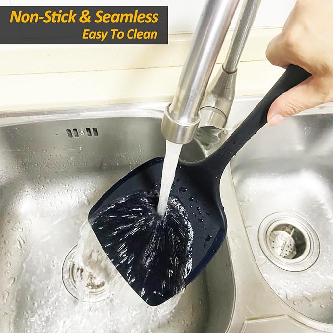 Silicone Pancake Spatula Turner with Lengthened Handle& Seamless Design, Heat Resistant Cooking Spatulas for Nonstick Cookware, Large Flexible Kitchen Utensils, Flipper for Egg, Pancake, Burger, Black