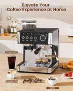 Espresso Machine with Grinder, 20 Bar Expresso Coffee Machines with Milk Frother Steam Wand, Professional Espresso Maker with Removable Water Tank, Cappuccino & Latte Machine for Home