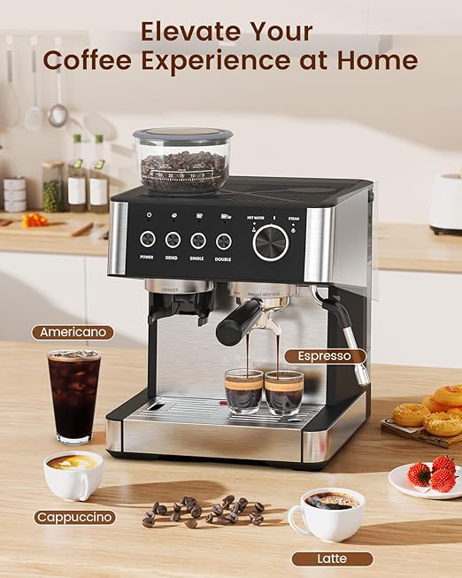 Espresso Machine with Grinder, 20 Bar Expresso Coffee Machines with Milk Frother Steam Wand, Professional Espresso Maker with Removable Water Tank, Cappuccino & Latte Machine for Home