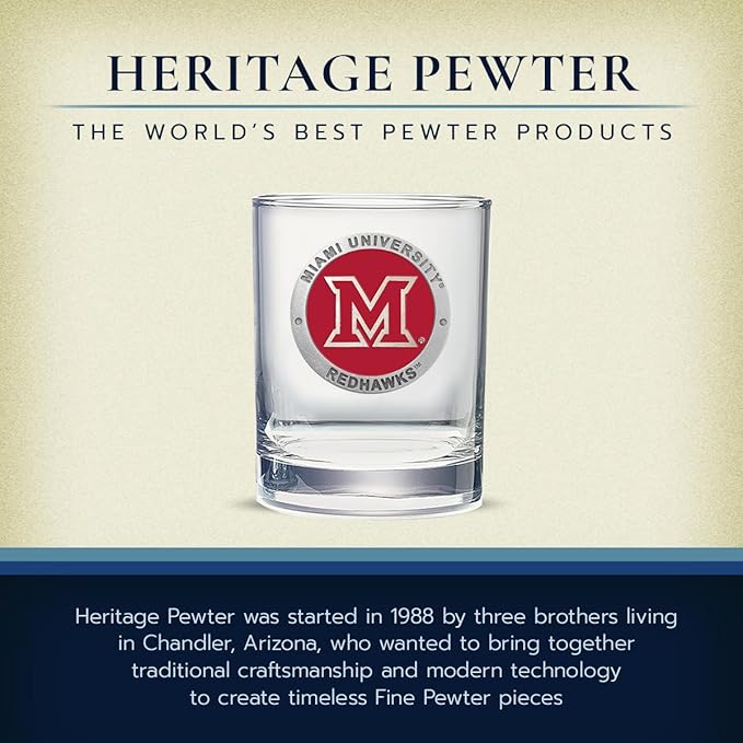 Heritage Pewter Miami of Ohio Double Old Fashion | Double Rocks Glass 14 OZ for Liquor | Expertly Crafted Pewter Glass