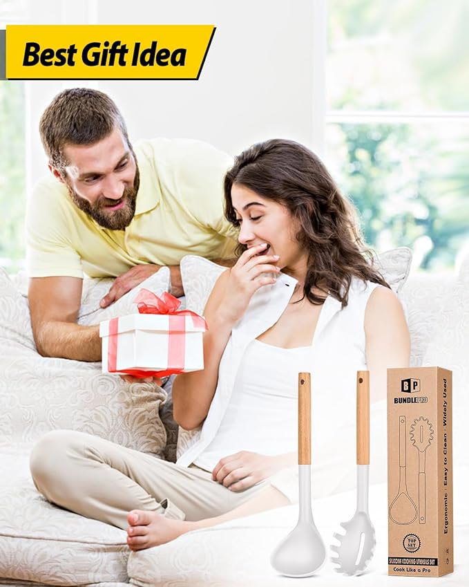 Silicone Pasta Fork and Ladle Spoon Set with Wooden Handle, Heat Resistant Non Stick Kitchen Utensils for Cooking, Stirring, Serving Spaghetti, Soup, Sauce(WHITE)