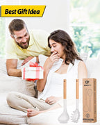 Silicone Pasta Fork and Ladle Spoon Set with Wooden Handle, Heat Resistant Non Stick Kitchen Utensils for Cooking, Stirring, Serving Spaghetti, Soup, Sauce(WHITE)