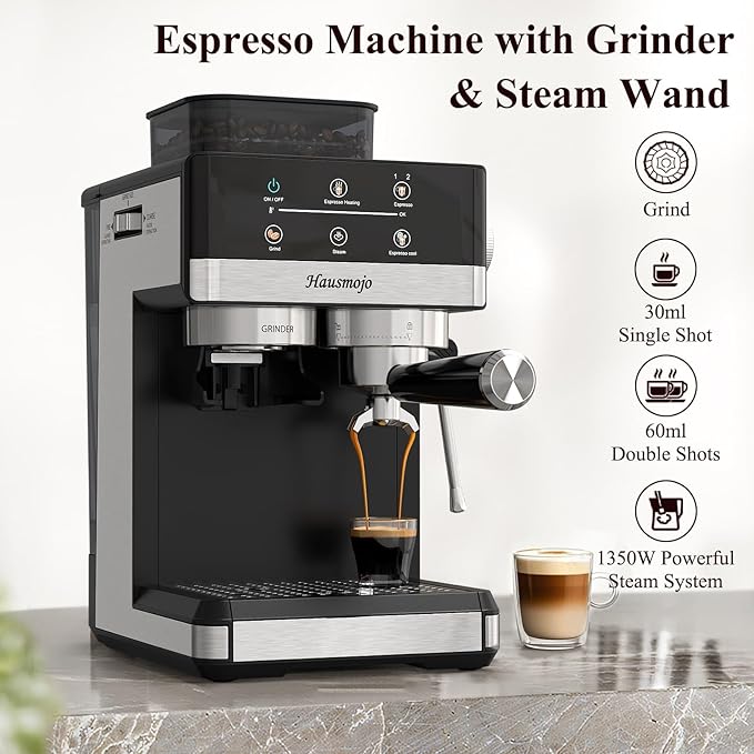 Espresso Machine with Grinder, 20Bar Expresso Coffee Machines with Milk Frother, Professional Compact Stainless Steel Coffee Maker for Espresso, Latte & Cappuccino, Perfect for Home Use