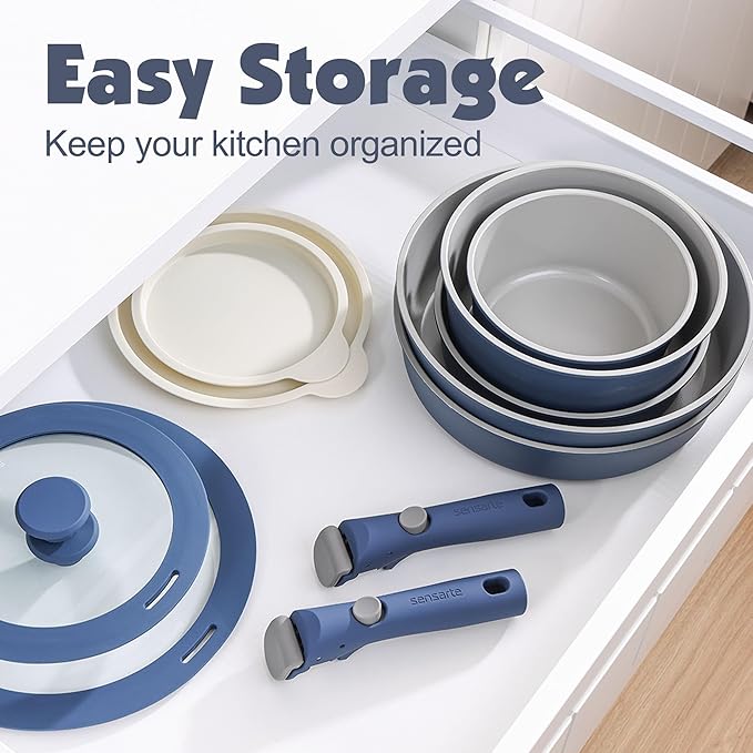 SENSARTE 24 Piece Ceramic Pots and Pans Set, Nonstick Detachable Handle Cookware, Induction Kitchen Cookware Set with Removable Handle, Healthy Non Stick for RV, Dishwasher＆Oven Safe, PFOA Free (Navy)