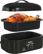 Sunvivi 14-Quart Electric Roaster Oven with Self-Basting Lid, Turkey Roaster Oven with Removable Pan and Rack, Stainless Steel, Black