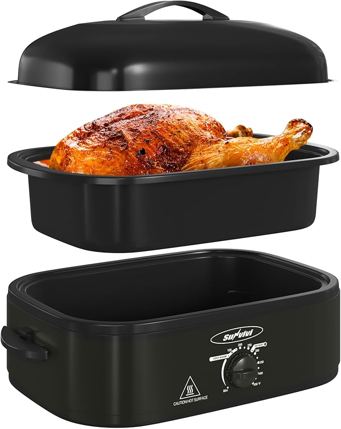 Sunvivi 14-Quart Electric Roaster Oven with Self-Basting Lid, Turkey Roaster Oven with Removable Pan and Rack, Stainless Steel, Black
