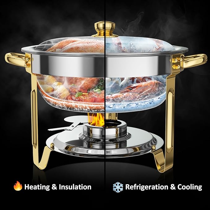 Chafing Dishes for Buffet, 6 Pack 5QT Round Chafing Dish Buffet Set [Elegant Gold and Silver Colors] Stainless Steel Buffet Servers and Warmers for Catering Events Parties Dinners with Complete Set