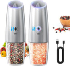 CIRCLE JOY Rechargeable Gravity Electric Salt and Pepper Grinder Set, Stainless Steels Salt and Pepper Mills with LED Light, No Battery Needed, Adjustable Coarseness, Washable 135ml Container, Silver