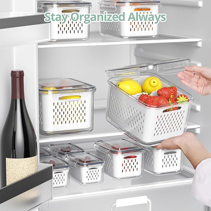 Fruit Storage Containers for Fridge with Removable Colander, 8 Pack Fruit Containers for Fridge with 2 Function Divider Plate, Airtight Storage Container to Keep Berry Fruit Fresh, Dishwasher Safe