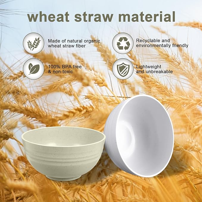 12 Pcs Unbreakable Cereal Bowls Set, 26 Oz Wheat Straw Bowls Set, Microwave & Dishwasher Safe Bowls for Kitchen, Reusable Plastic Bowls for Soup, Salad and Snack, BPA Free, White