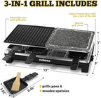Raclette Table Grill, CUSIMAX Indoor Grill Electric Grill, Portable Korean BBQ Grill with 2 in 1 Reversible Non-stick Plate & Natural Grill Stone, 8 Raclette Pans 8 Wooden Spatulas for Family Fun