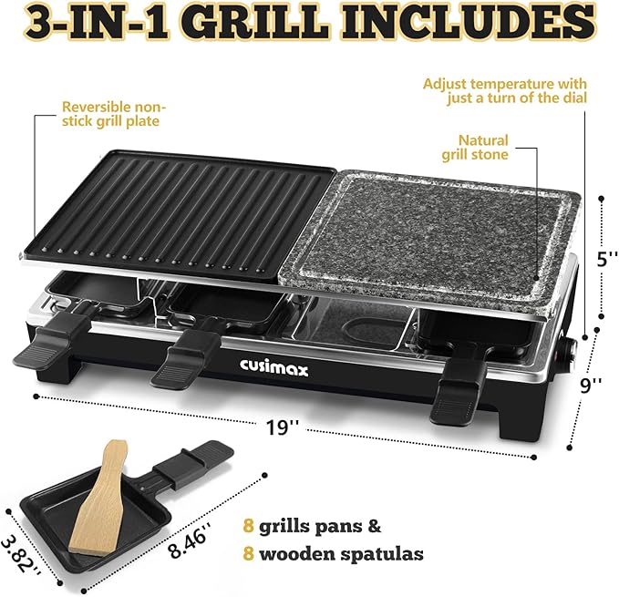 Raclette Table Grill, CUSIMAX Indoor Grill Electric Grill, Portable Korean BBQ Grill with 2 in 1 Reversible Non-stick Plate & Natural Grill Stone, 8 Raclette Pans 8 Wooden Spatulas for Family Fun