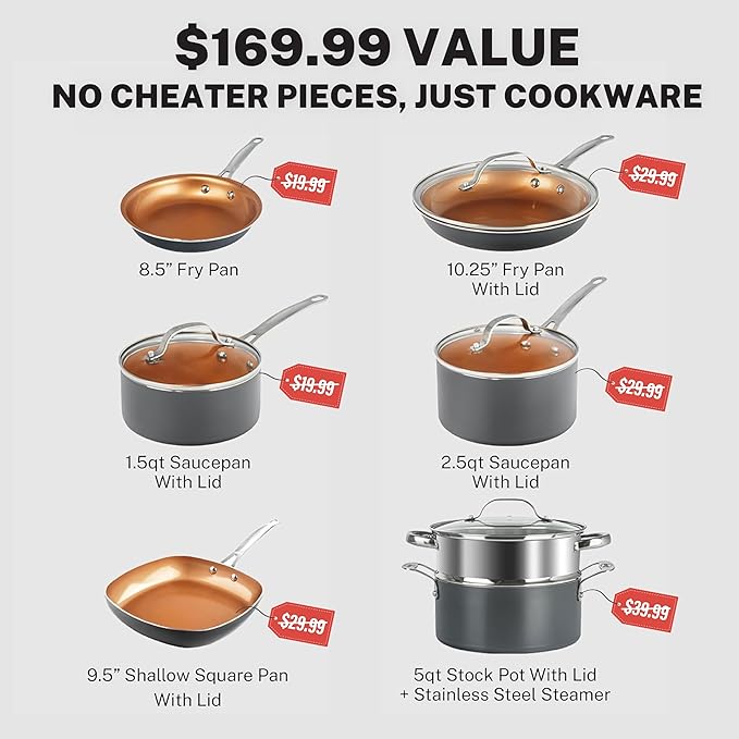 Gotham Steel 12 Pc Ceramic Cookware Set Nonstick, Ceramic Pots and Pans Set Non Stick with Steamer for Cooking, Non Toxic PFOA PFOS Free, Ergonomic Stay Cool Handles, Oven & Dishwasher Safe, Copper