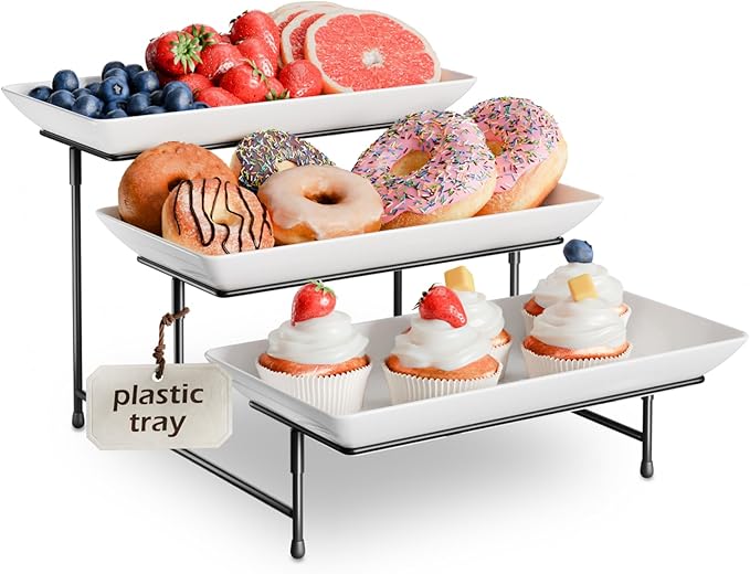 3 Tier Plastic Serving Tray for Party, 11.5" x 5.6" Platters for Serving Food, Microwave-Safe, White Reusable Trays with Black Metal Display Stand for Cupcakes, Sevring Food, Dessert, Fruit, Black