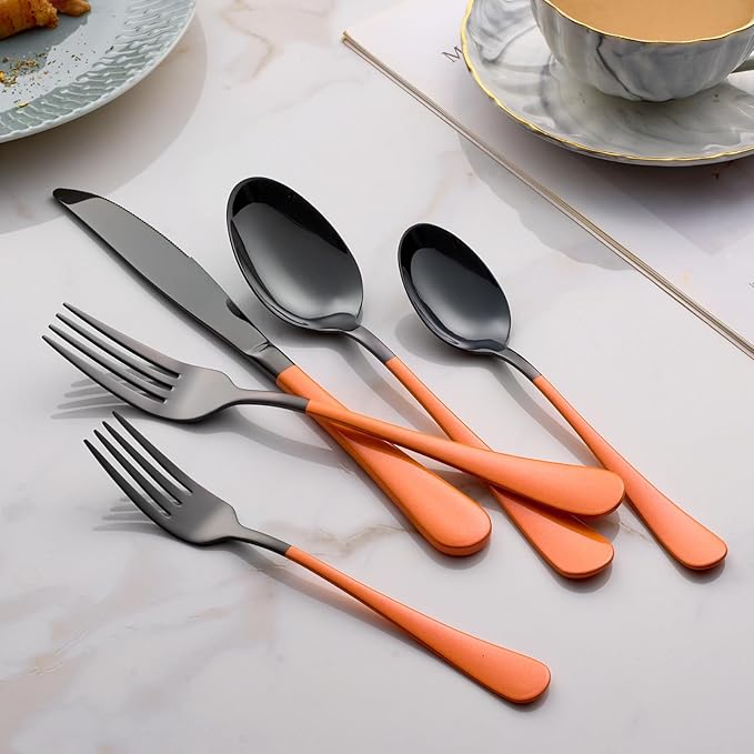 20-Piece Pink and Black Stainless Steel Silverware Set - Dinner Knives, Forks, Spoons - Dishwasher Safe
