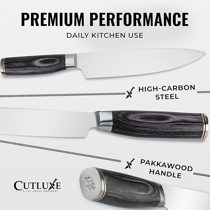 Cutluxe Chef Knife – Ultra Sharp 8" Japanese Kitchen Knife, High Carbon Stainless Steel Blade, Full Tang Pakkawood Handle – Shinobi Series
