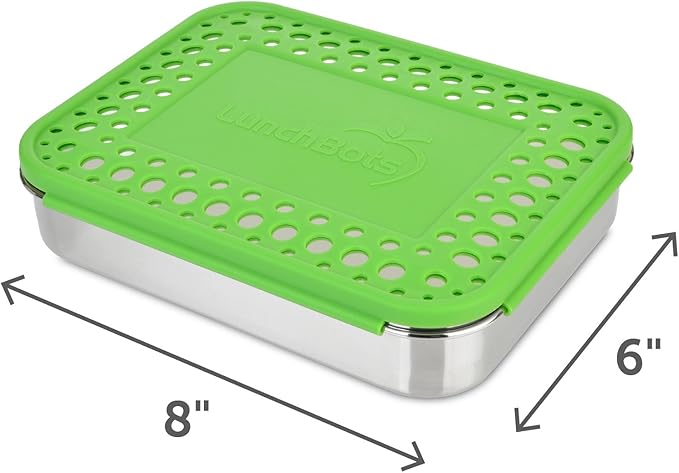 LunchBots Large Cinco Stainless Steel Lunch Container - Five Section Design Holds a Variety of Foods - Metal Bento Box - Dishwasher Safe - Stainless Lid - Green Dots