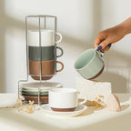 Sweese 8 Ounce Cappuccino Cups Set of 4, Porcelain Stackable Coffee Cups with Saucers and Metal Stand, Multicolor