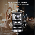 Programmable Coffee Maker 12 Cup Brew & Drip coffee machine, Fully Automatic, 1-4 Cup Setting, Stainless Steel, Keep- Warm Function, Household, Home and Office
