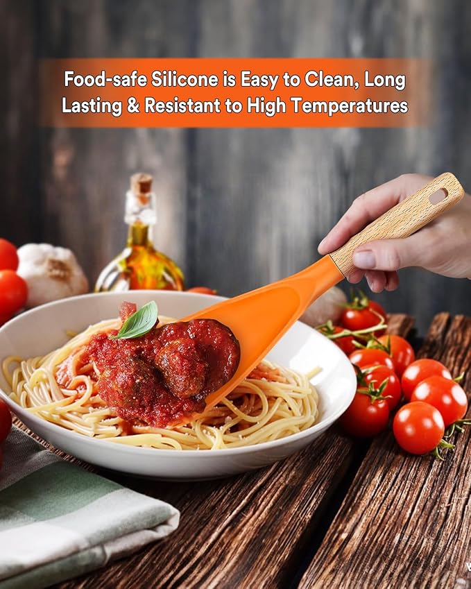 Cooking Spoon for Nonstick Cookwares, Great for Cooking and Serving Sturdy BPA-Free Matte Silicone, Wood Handle Spoon for Mixing, Scoop, and Scrape (ORANGE)