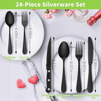 24-Piece Black Silverware Set with Steak Knives, Stainless Steel Flatware Cutlery Set for 4, Spoons Forks and Knives Sets, Mirror Finished Utensil Sets Dishwasher Safe for Home Restaurant