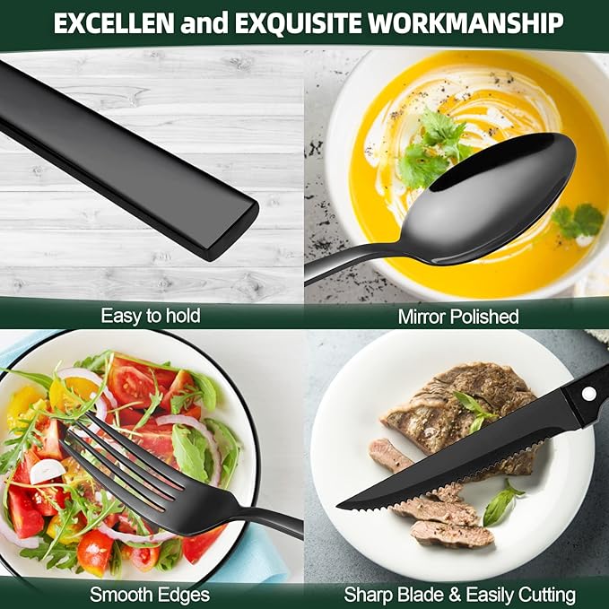 48 Pieces Black Silverware Set with Steak Knives, CEKEE Stainless Steel silverware set for 8, Black Flatware Cutlery Kitchen Utensils Set, Spoons and Forks Set, Mirror Polished & Heavy Duty
