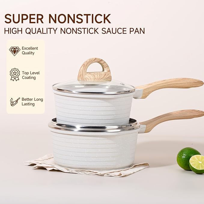 JEETEE 2 Quart Sauce Pan with Lid, Non Stick Small Pot with Coating, Masterclass Cookware Sauce Pot for Cooking, PFOA/PFOS Free(Beige)