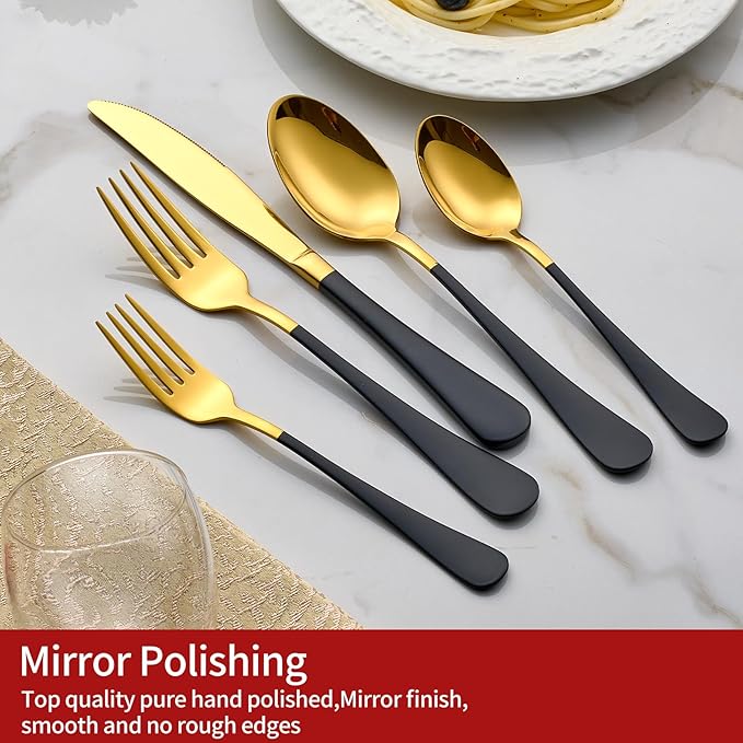 20-Piece Gold Silverware Set 18/0 Stainless Steel Flatware Black Handle Cutlery Set Service for 4 Dinner Knives Forks Spoons Set Mirror Finish Dishwasher Safe