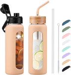 Kodrine Water Bottle with Straw, 24 oz Glass water Bottle with 2 Lids Bamboo Straw Lid and Spout Lid with Handle, 32 oz Clear Water Bottle Glass for Sports Travel, Waterbottle with Time Marker