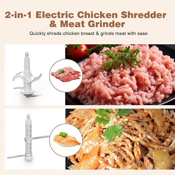 2-in-1 Electric Chicken Shredder & Meat Grinder, 250W Powerful Motor, Dual Blades for Shredding & Grinding, 1.5L BPA-Free Bowl, One-Touch Food Processor for Baby Food, Pet Meals, Fitness Meal Prep