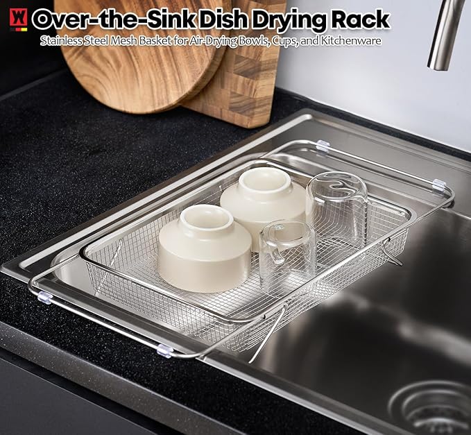 Extendable Dish Rack with Feet, Vegetable Colander Basket, Stainless Steel Dish or Silverware Drying Rack, Ultimate Kitchen Organizer Over The Sink (14.76 x 10.63 x 3.15 Inches)