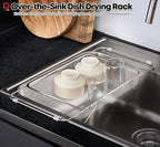 Extendable Dish Rack with Feet, Vegetable Colander Basket, Stainless Steel Dish or Silverware Drying Rack, Ultimate Kitchen Organizer Over The Sink (14.76 x 10.63 x 3.15 Inches)