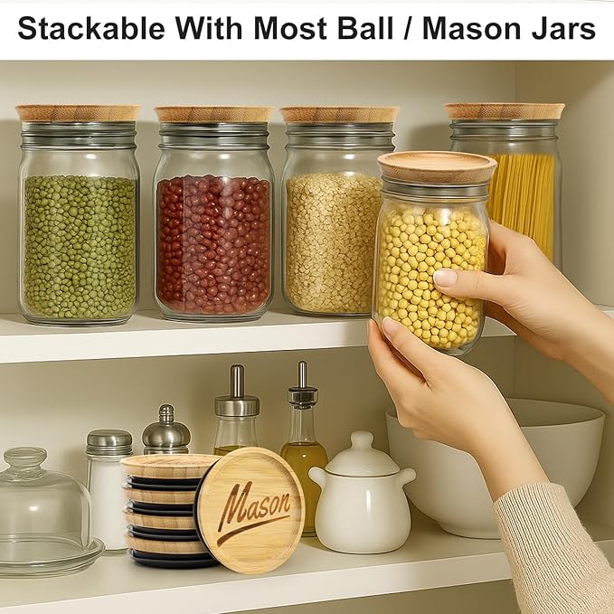 16 Pcs Regular Mouth Jar Lids & Wide Mouth Mason Jars Lid Reusable Bamboo Canning Lid for Jars Tops Airtight Wooden Lids for Glass Cups Silicone Mason Jar Covers Canning Accessories and Supplies