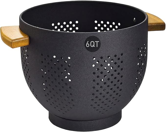 Metal Colander with Bamboo Wood Handle, 6 QT Large Strainer with Self-Draining Base, Kitchen Strainer Bowl for Pasta Spaghetti Vegetables Fruit Berry, Essential Kitchen Appliance and Gadget (Black)