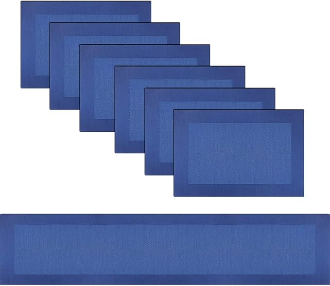 PIGCHCY Elegant Placemats Set of 6 and Table Runner Washable Vinyl Placemats Non-Slip Durable Table mats Sets (6 Placemats+1 Table Runner, Navy Blue)