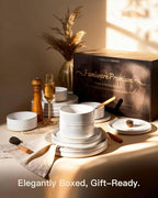 Stoneware Dinnerware Sets, Dish Set for 8, 24 Pieces Spiral Dishware Set with Straight Rim, Speckles & Reactive Glaze - Microwave and Dishwasher Safe Tableware, White